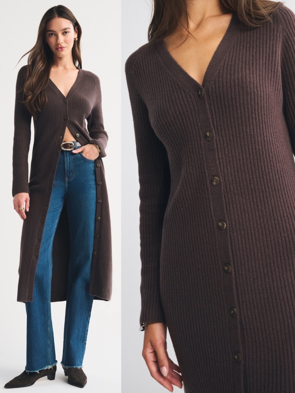A&F • Duster Maxi Sweater Dress brown ribbed knit midi button front v-neck - Picture 3 of 10